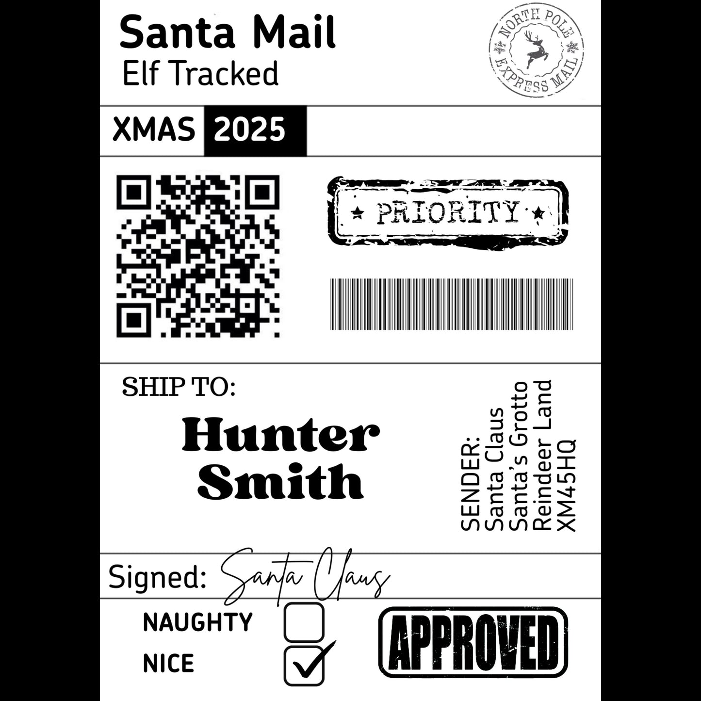 Personalised Santa’s Mail Shipping Label Gift Tag for Christmas Gifts