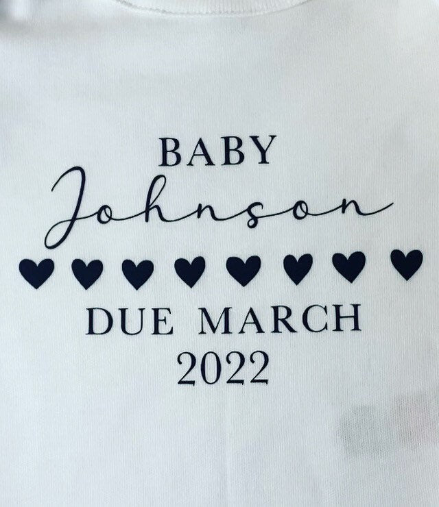Personalised Baby Vest Grow Suit Announcement Coming Soon Surname Due Date Pregnancy gift reveal, New baby reveal, Baby Shower Gift