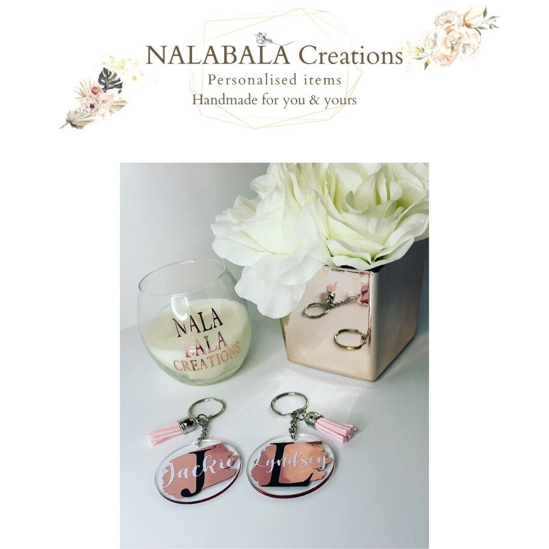 2 Personalised Keychains | Brush Stroke Keyring | Name Initial Keyring | Custom Keychains | Tassel Keyring | Best Friend Matching Keychains