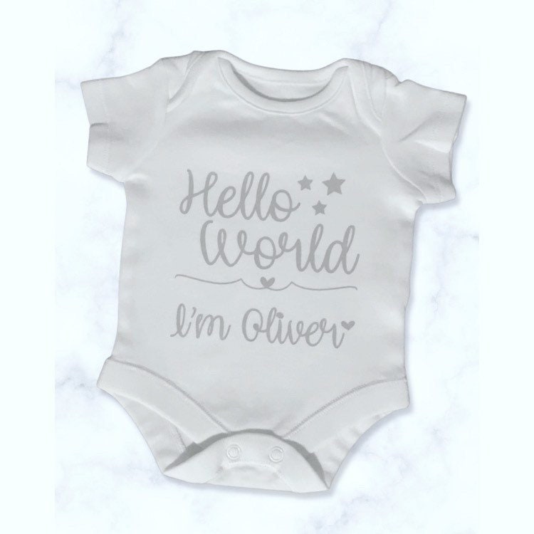 Personalised Hello World Birth Announcement Baby Grow for Keepsake or New Baby, Custom Babygrow Baby Vest for Baby Shower Gift
