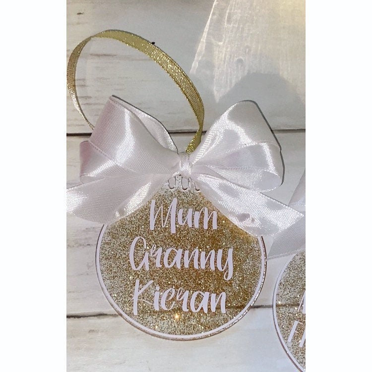 7cm Christmas Glitter Bauble, Personalised Glitter Bauble with Bow, Family, friends, Keepsake, Gift, Christmas Tree Decoration, Gift, Christmas