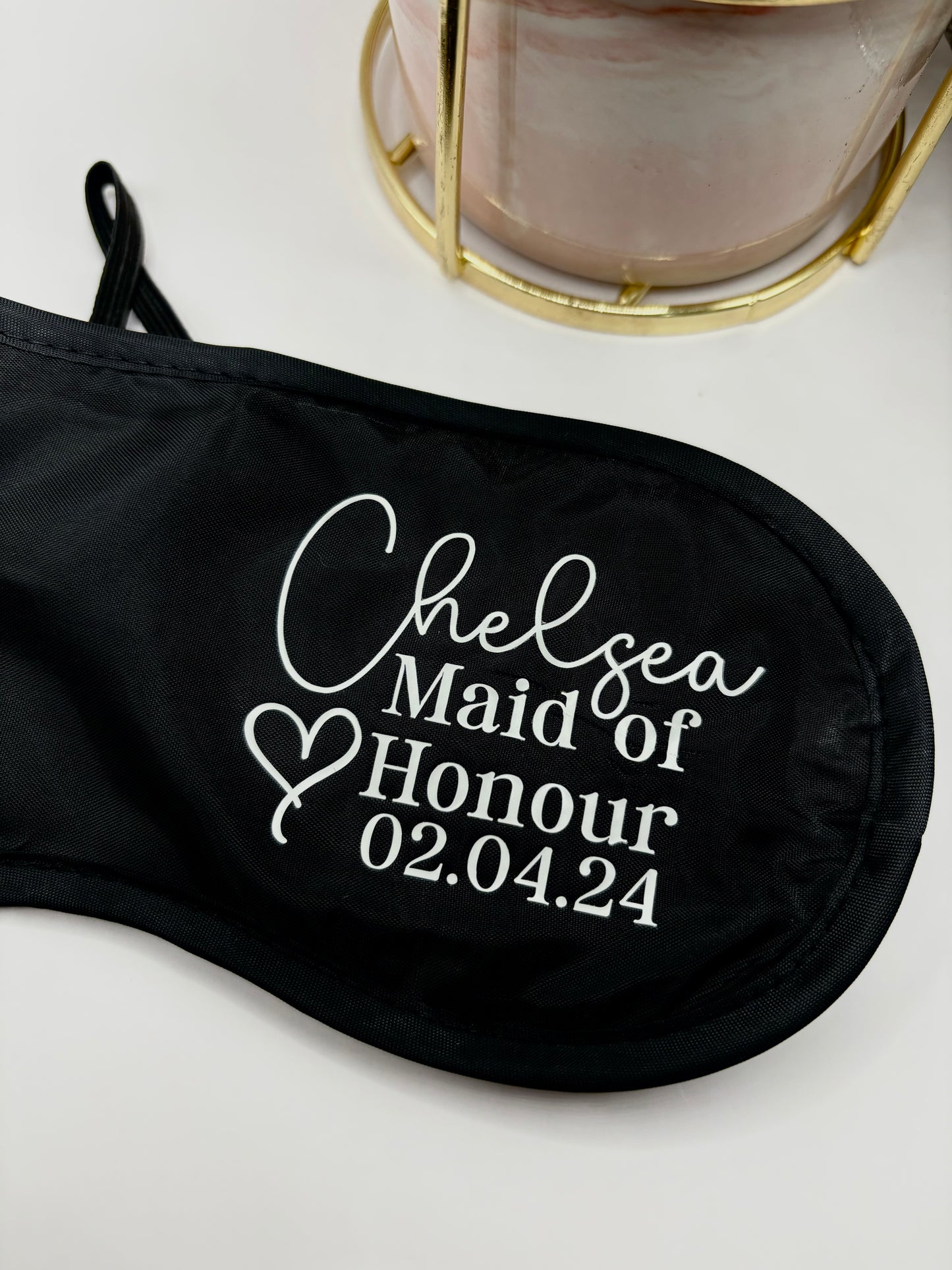 Personalised wedding sleep eye masks for bridal party. Includes name, title and date of the wedding