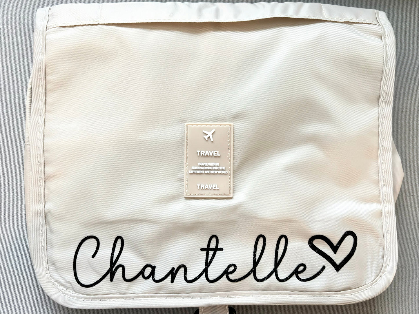 Personalised hanging Travel Make up Toiletry bag with Name in glitter and heart