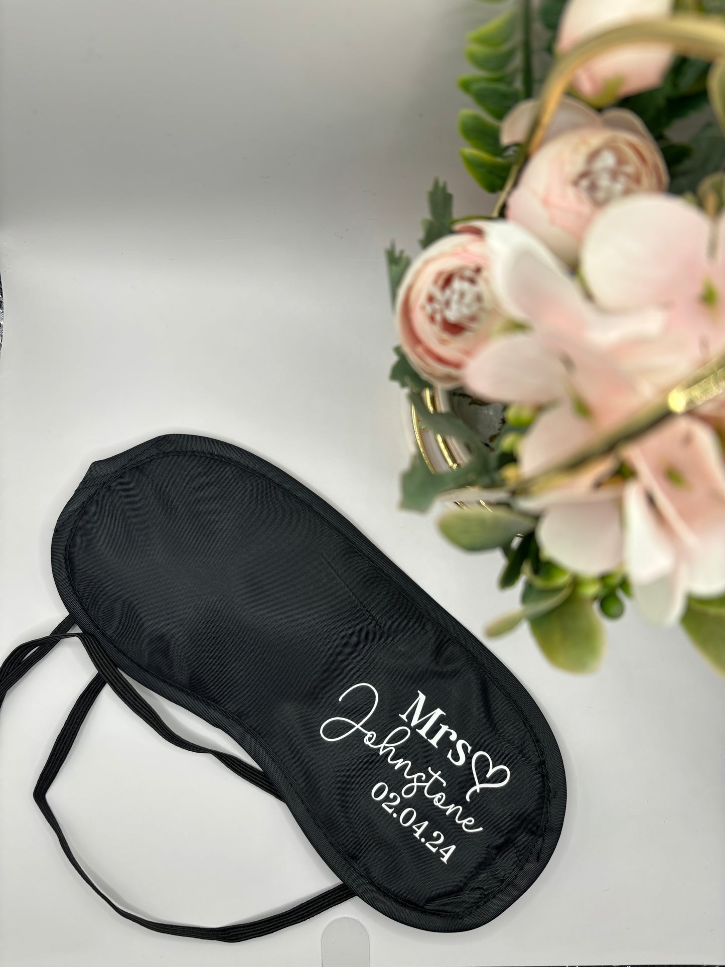 Personalised wedding sleep eye masks for bridal party. Includes name, title and date of the wedding