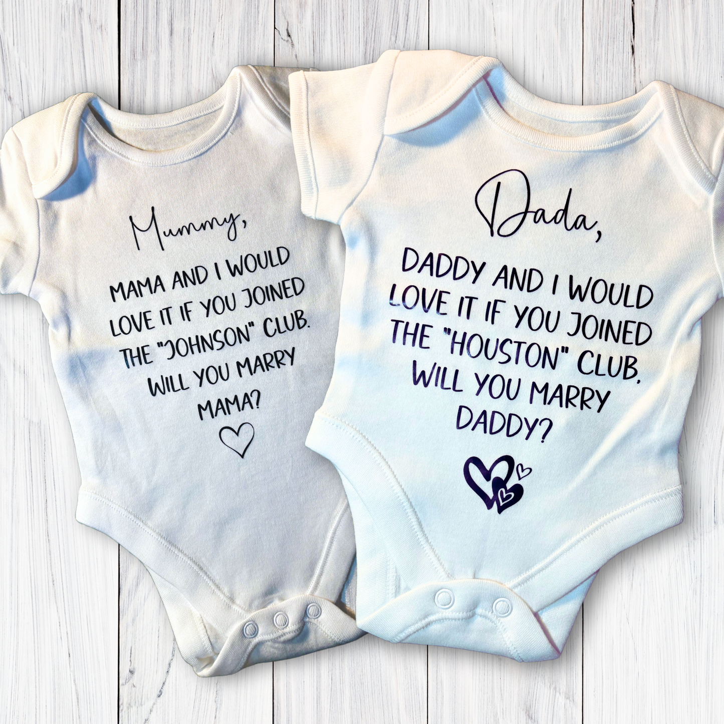 LGBTQ+ Personalised wedding proposal baby vest “Will you marry mummy/daddy”