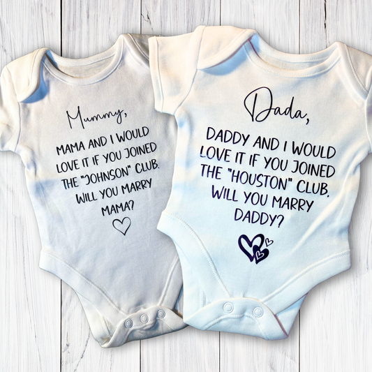 LGBTQ+ Personalised wedding proposal baby vest “Will you marry mummy/daddy”