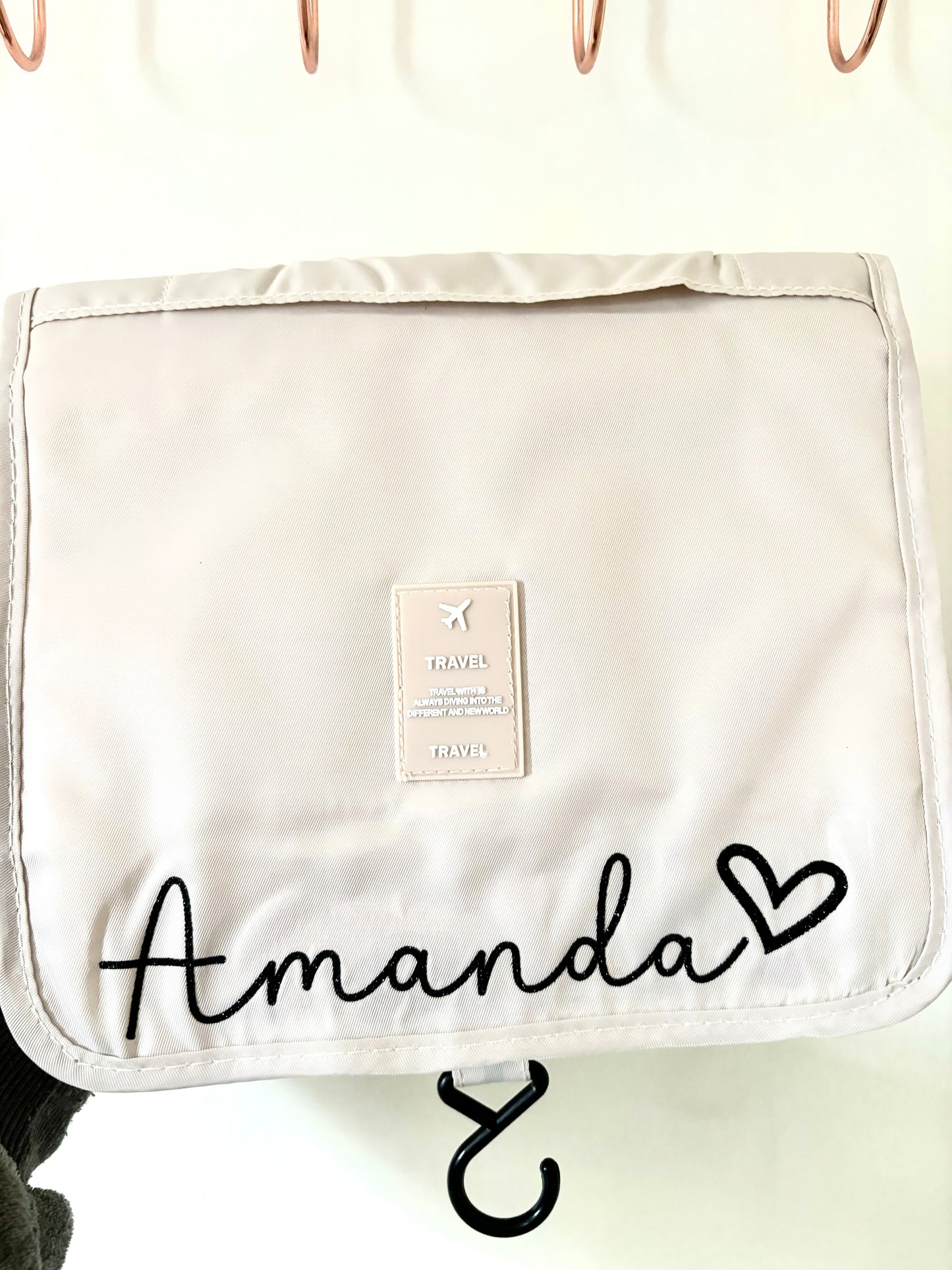 Personalised hanging Travel Make up Toiletry bag with Name in glitter and heart