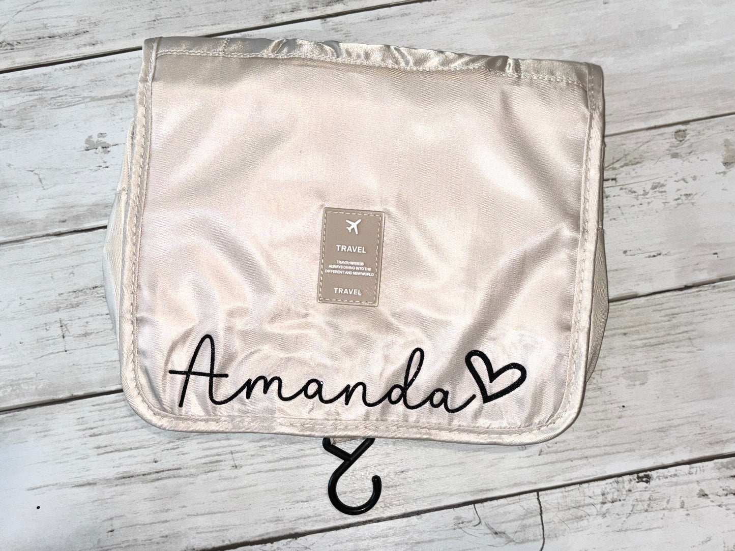 Personalised hanging Travel Make up Toiletry bag with Name in glitter and heart