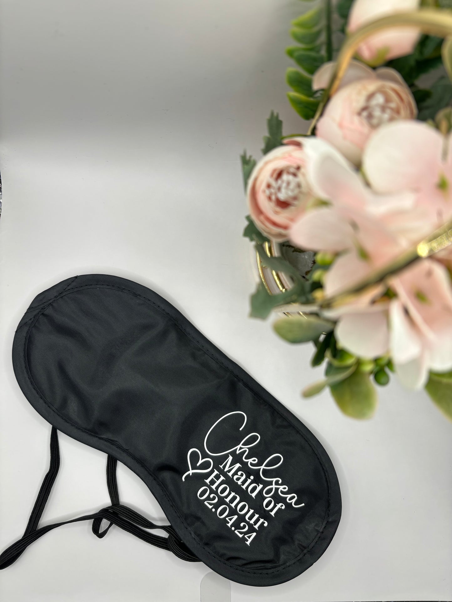 Personalised wedding sleep eye masks for bridal party. Includes name, title and date of the wedding