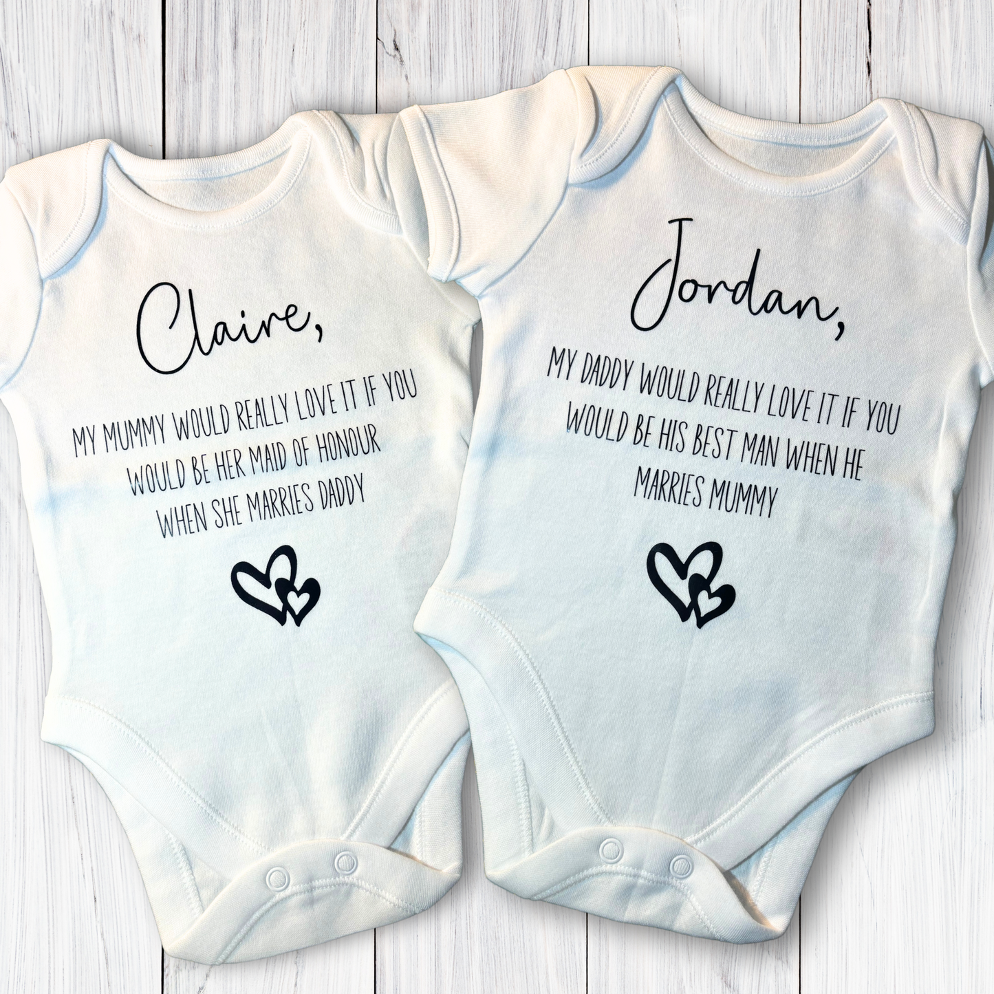 Personalised “Will you be my Mummy’s bridesmaid/ maid of honour”, “Will you be my daddy’s best man/groomsman” baby vests