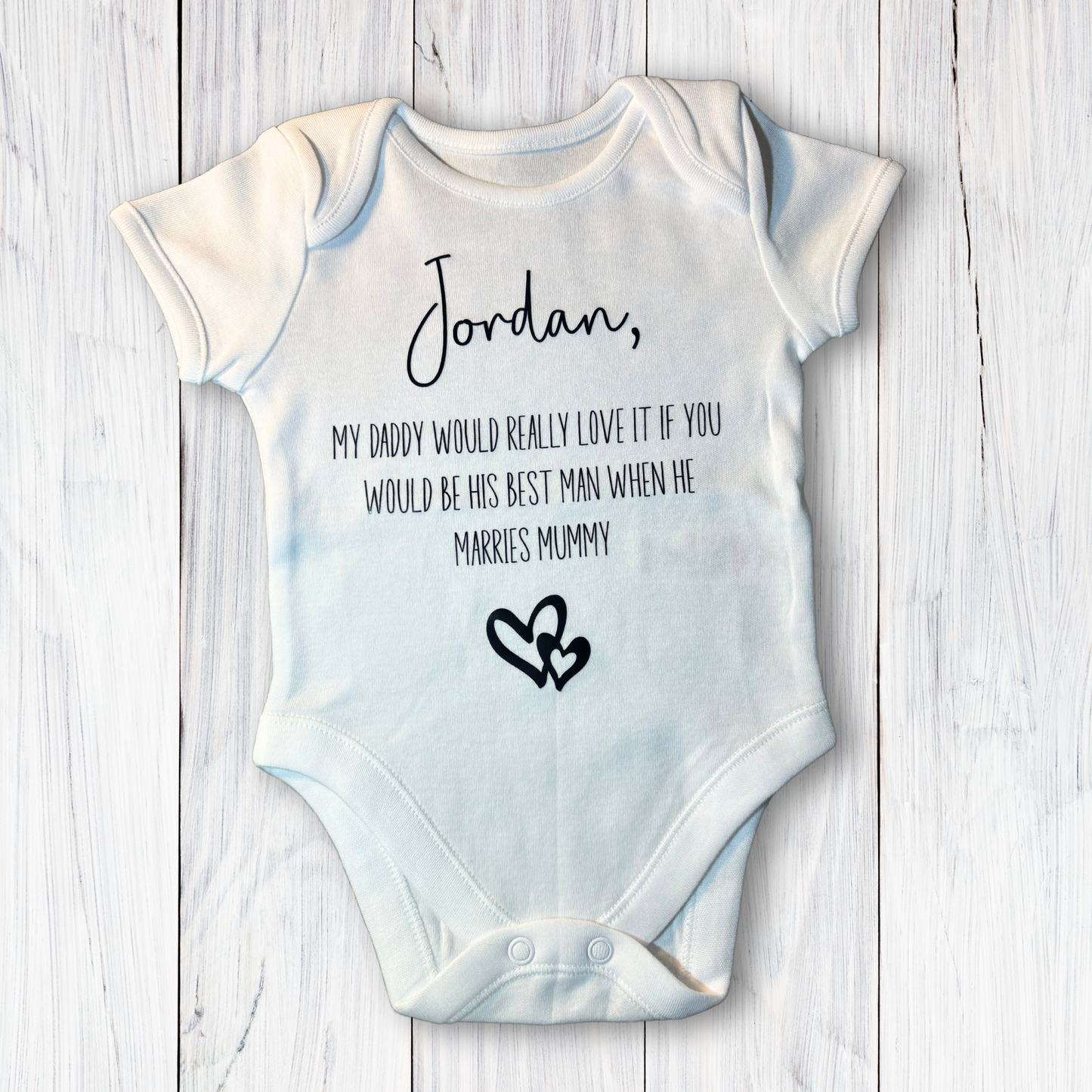 Personalised “Will you be my Mummy’s bridesmaid/ maid of honour”, “Will you be my daddy’s best man/groomsman” baby vests