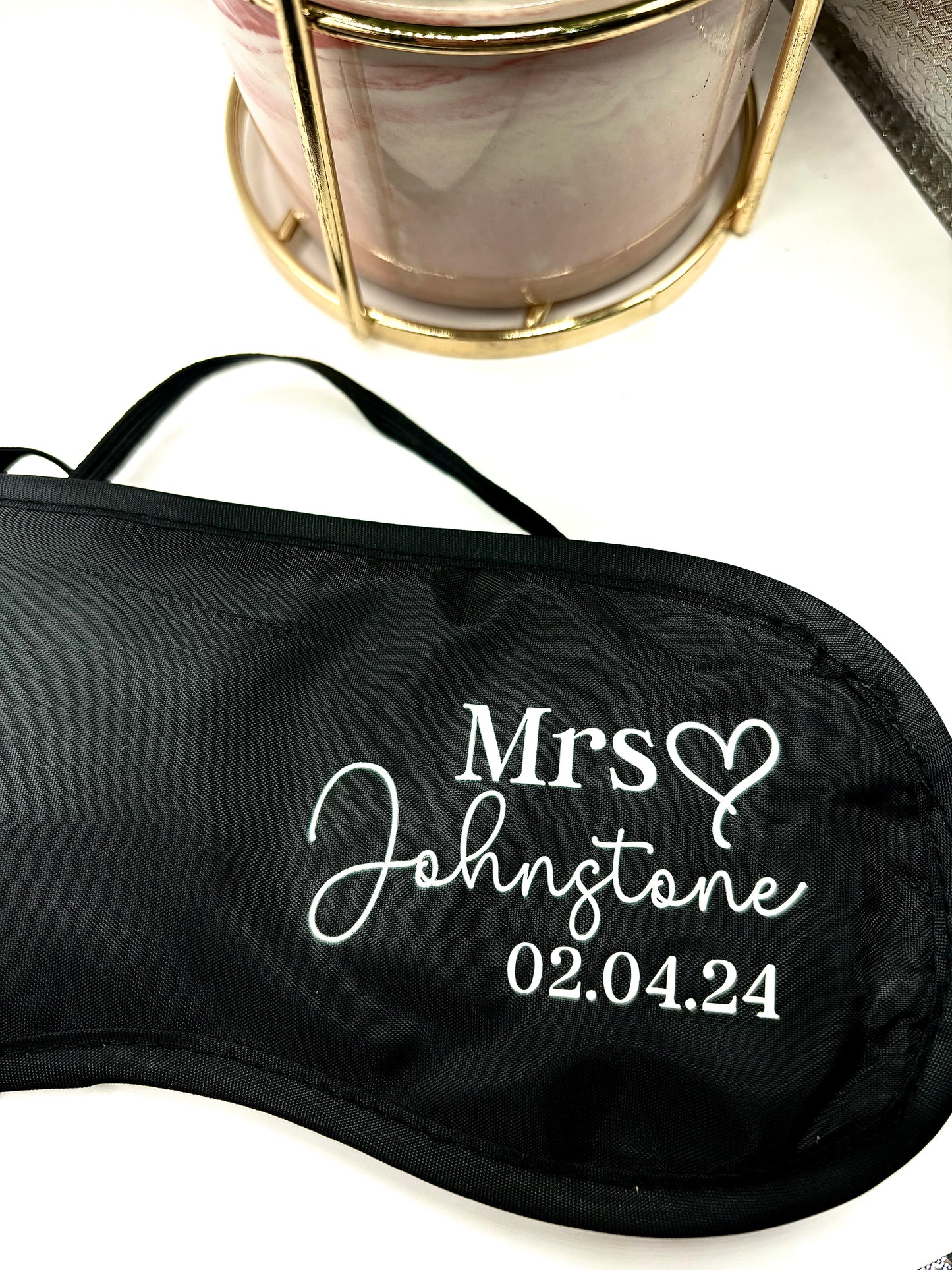 Personalised wedding sleep eye masks for bridal party. Includes name, title and date of the wedding