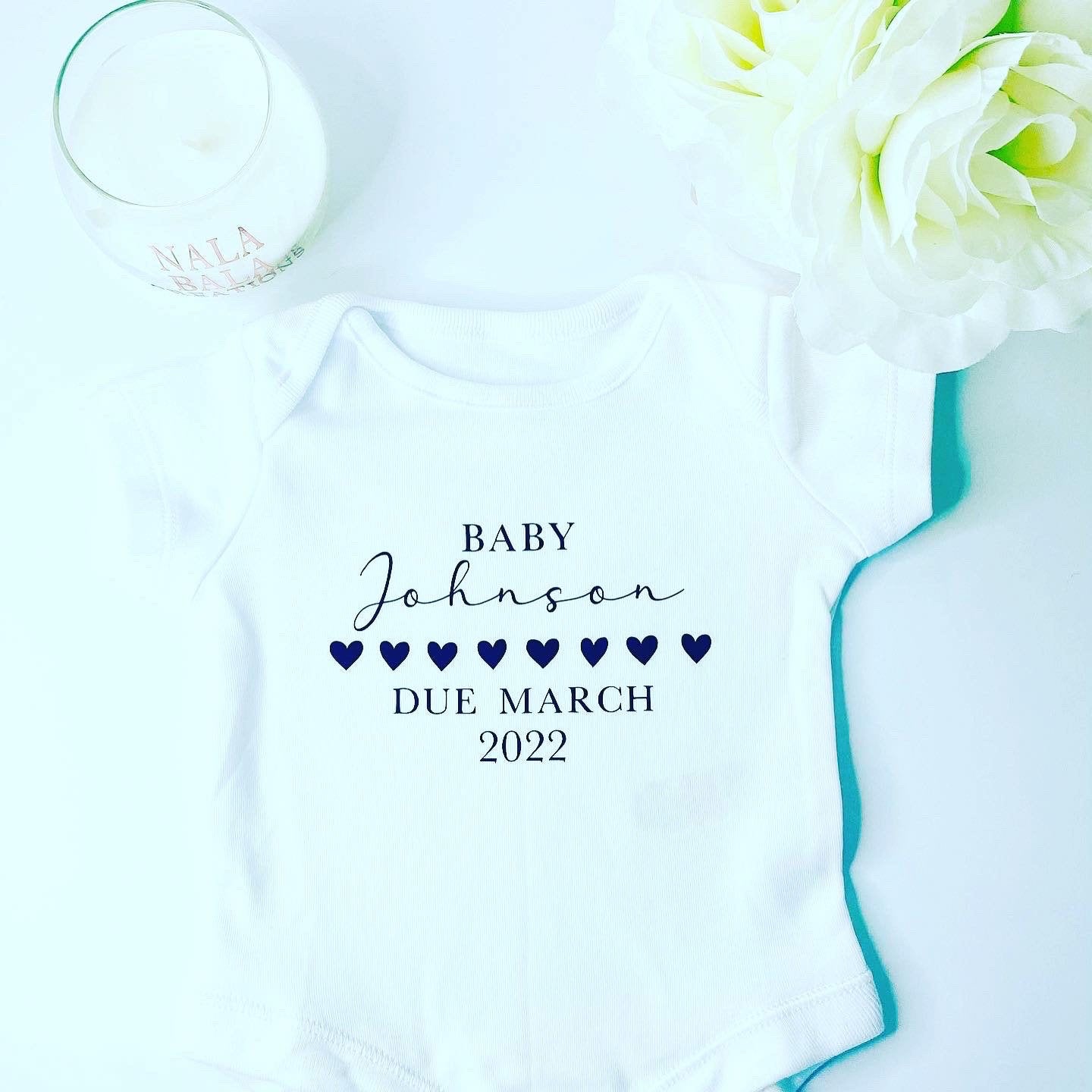 Personalised Baby Vest Grow Suit Announcement Coming Soon Surname Due Date Pregnancy gift reveal, New baby reveal, Baby Shower Gift