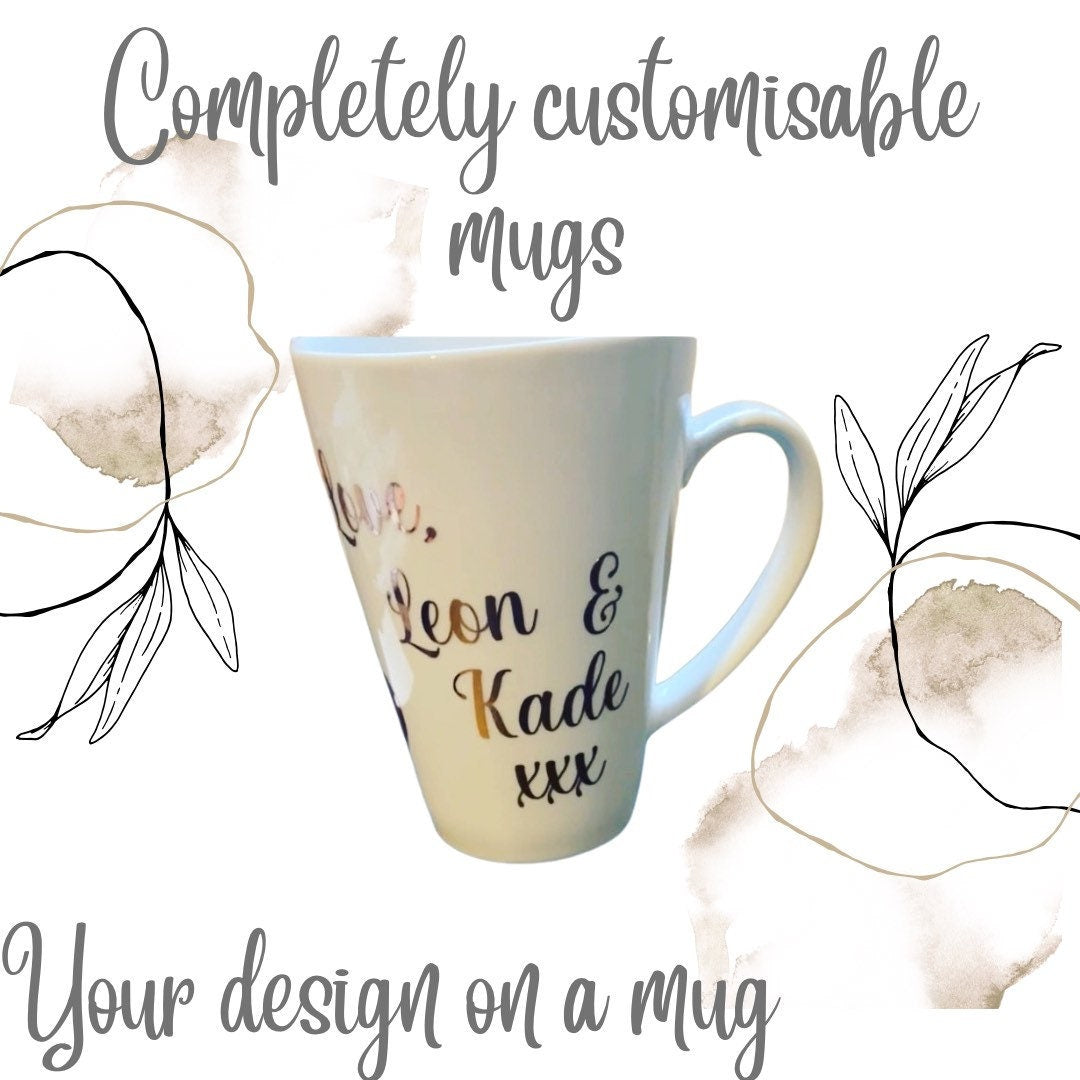 Custom Mugs, Coffee cups, personalised, vinyl, birthday gift, valentines gift, present, completely customised, all colours, any design