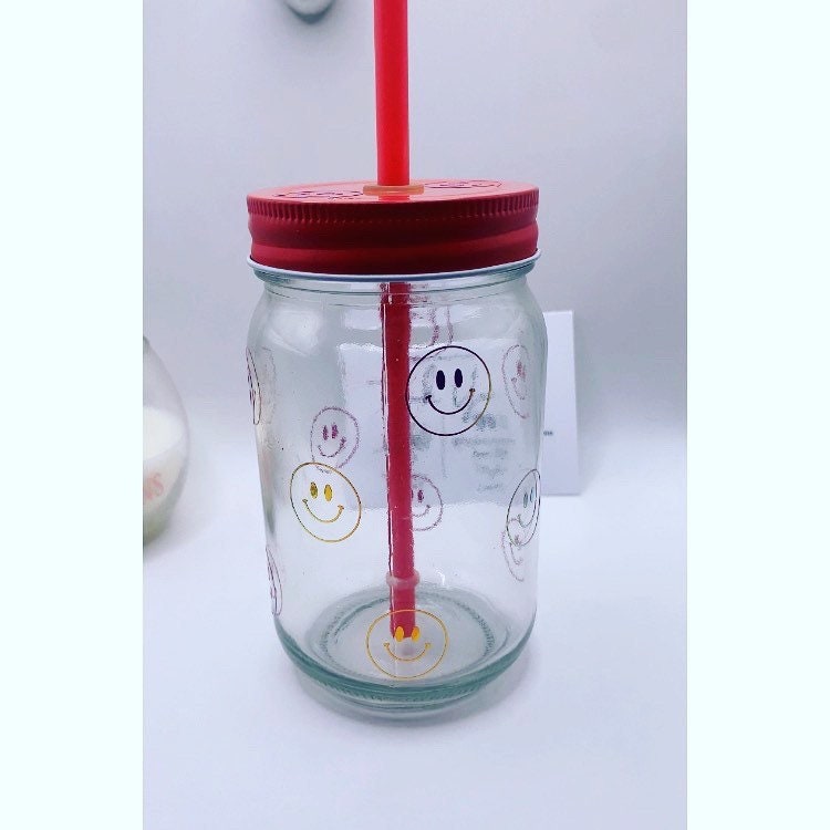 Smile Mason Jar | Gift | Holographic Mason Jar | Lid and Straw | Birthday | Drinkware | Party Glass | Drinking Glass | Drinks | Cold Cup