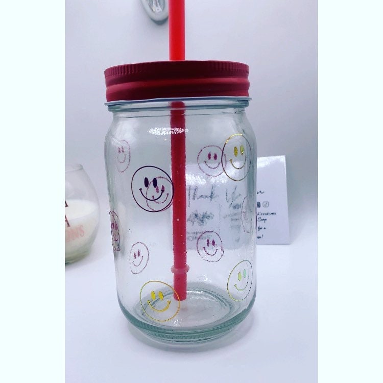 Smile Mason Jar | Gift | Holographic Mason Jar | Lid and Straw | Birthday | Drinkware | Party Glass | Drinking Glass | Drinks | Cold Cup