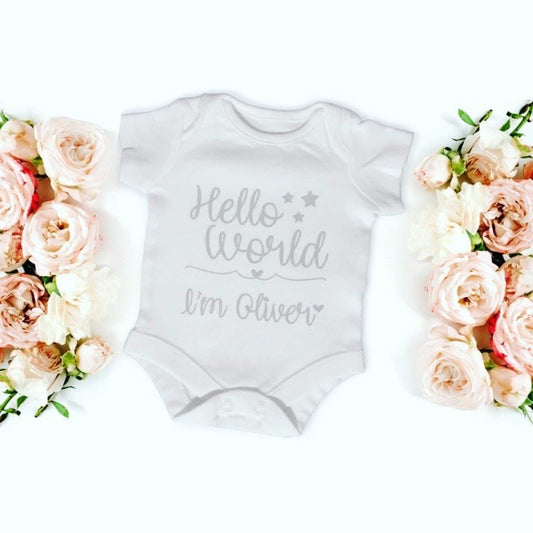 Personalised Hello World Birth Announcement Baby Grow for Keepsake or New Baby, Custom Babygrow Baby Vest for Baby Shower Gift