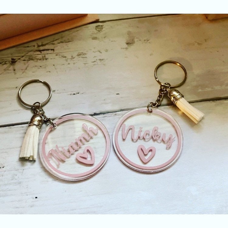 Personalised name keyring with heart and tassel. Personalised gifts