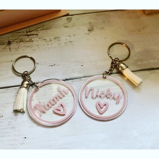 Personalised name keyring with heart and tassel. Personalised gifts