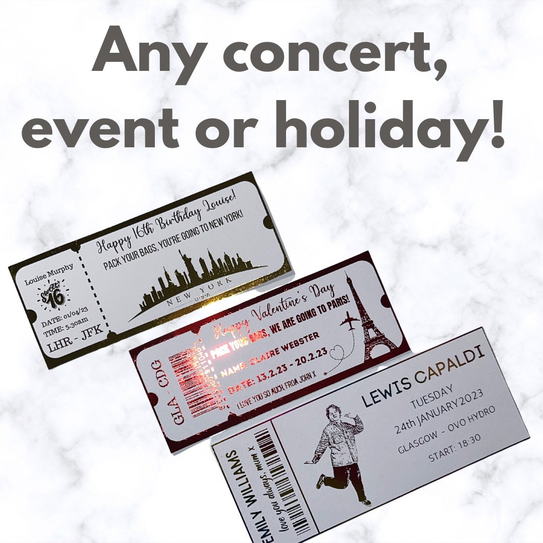 Gift Fake Ticket, Oasis, Taylor Swift, Foiled Voucher, Personalised Ticket, Christmas Voucher, Surprise Holiday, Personalised Gift, Birthday Event, Real Foil