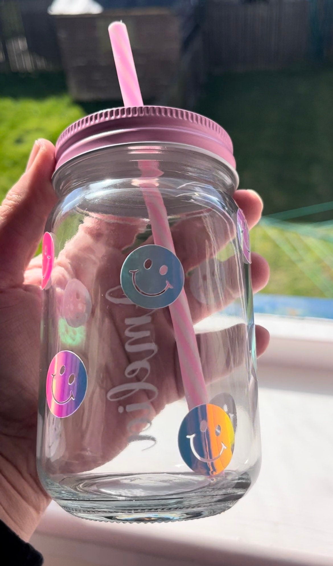 Smile Mason Jar | Gift | Holographic Mason Jar | Lid and Straw | Birthday | Drinkware | Party Glass | Drinking Glass | Drinks | Cold Cup