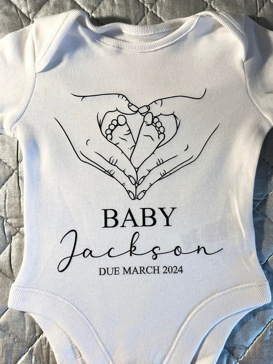 Cute Announcement Baby Vest Grow Bodysuit Pet Gift Dog Cat baby reveal 10 fingers 10 toes, baby feet in parents hands cute pregnancy reveal