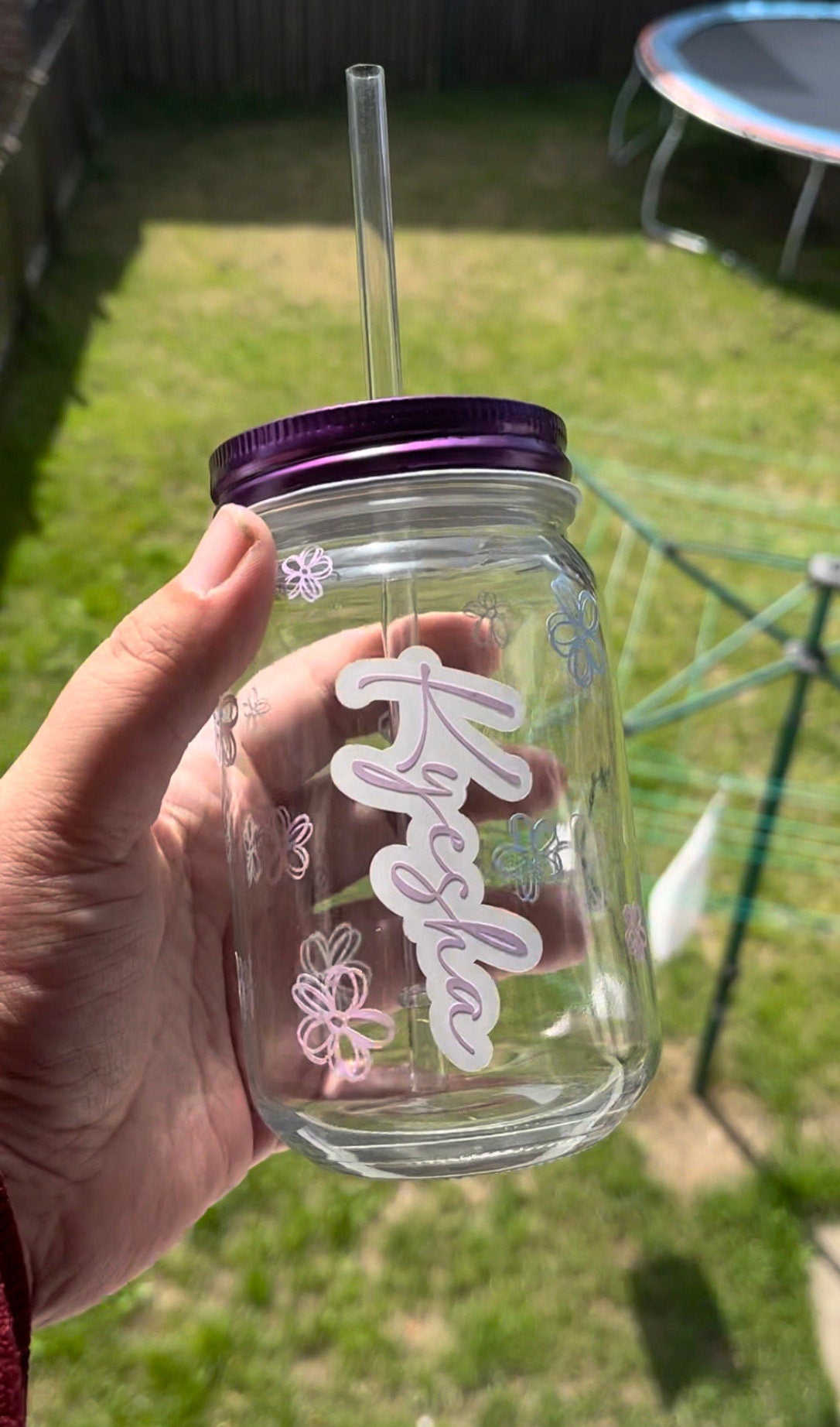 Personalised UV Colour Changing Mason Jar with name and pattern, Glass Changing Colour with Sun, Summertime drinking glass, Summer Vibes